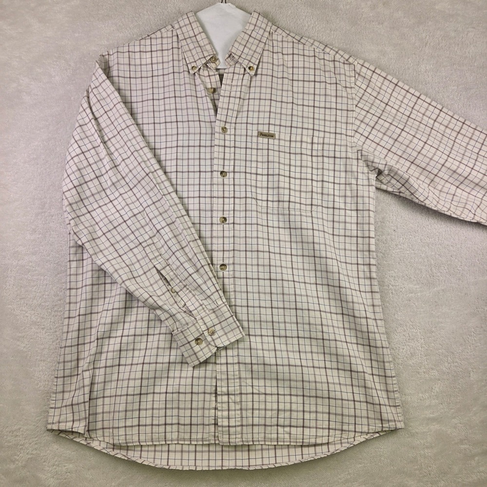Pendleton Mens Medium Cotton Plaid Button Down Shirt Cream Brown Blue 3701